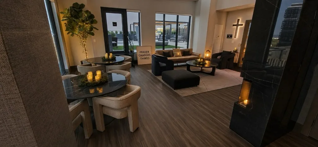 Indoor lounge set for prayer and worship with candles, a cross, and seating that opens onto the rooftop terrace