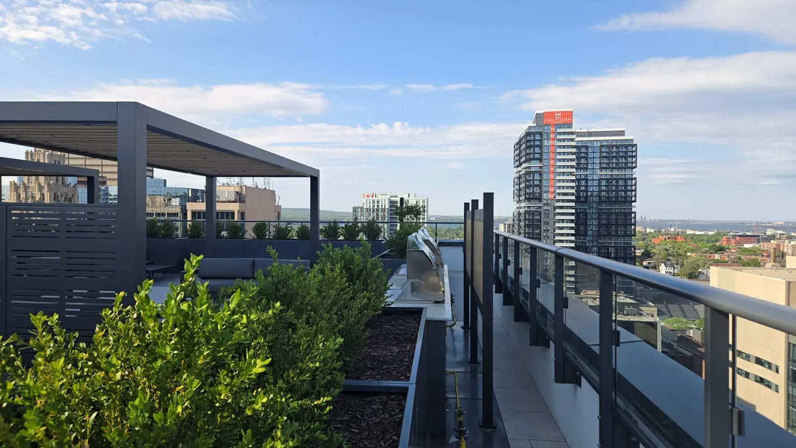 Rooftop terrace with lush hedge plantings and a pergola, looking past the railing to a glass tower.